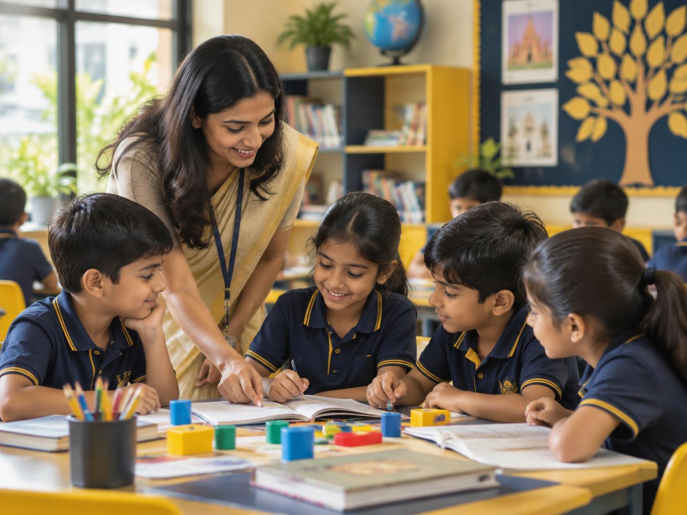 Teacher guiding students in a collaborative classroom